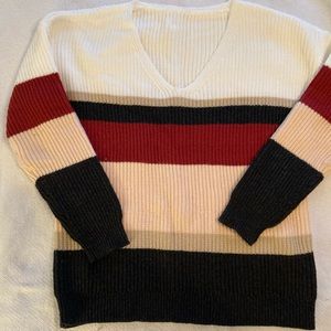 Striped V-neck sweater - cream, tan, dark Navy, burgundy, & pale pink.  Soft!